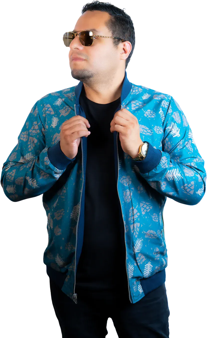 DJ Boris in a teal jacket and sunglasses